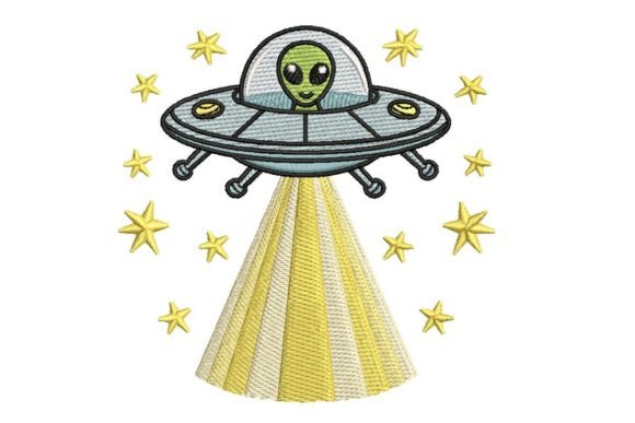 Cute Alien in UFO with Abduction Beam Embroidery Design