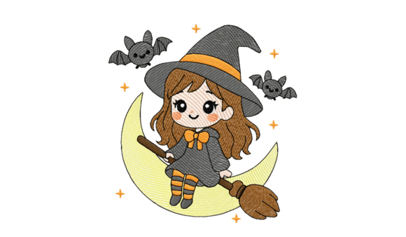 Cute Halloween Witch on Moon Embroidery